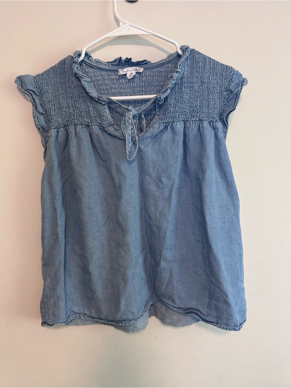 For The Republic Light Blue Smocked Tie-Neck Cap Sleeve Top